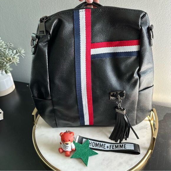 Faux Leather Black Convertible Backpack Bear Charm Work Travel Bag Overnight - Picture 4 of 11